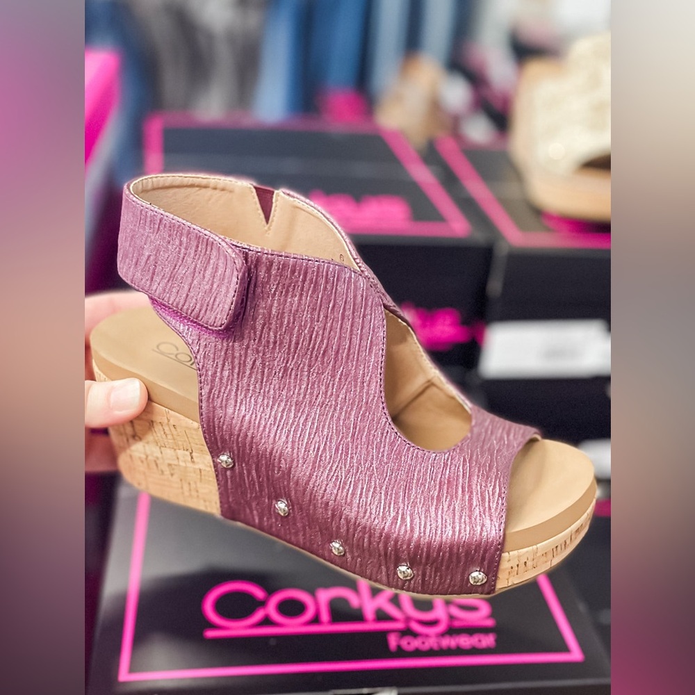 Corkys Footwear wine colored merlot crinkle open toe open heel with cutout
